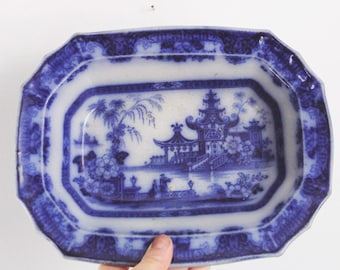 Antique Flow Blue Transferware Ironstone Platter - Oriental Landscape - Staffordshire, Phillips & Son, Lahore, Burslem