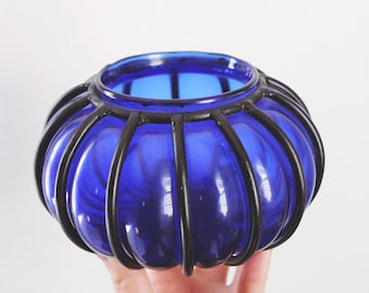 Vintage Cobalt Blue Glass Vase Lantern - Hand Blown, Wrought Iron Cage - Mid Century Modern, Murano Style