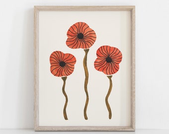 Poppies Wall Art Print | Nature Art | Watercolor Art | Red Art | Orange Art | Floral Art | Botanical | Poppy Art | 5x7 8x10 11x14 16x20