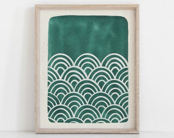 Stampa artistica da parete con onde di capesante - verde acqua blu verde