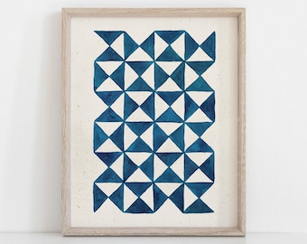 Watercolor Pinwheel Quilt Wall Art Print - Blue