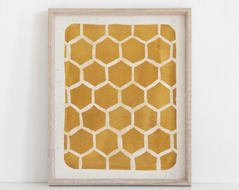 Honeycomb Pattern Wall Art Print - Gold | Honeycomb Art | Watercolor Art | Block Print | Geometric Art | Mustard Art | 5x7 8x10 11x14