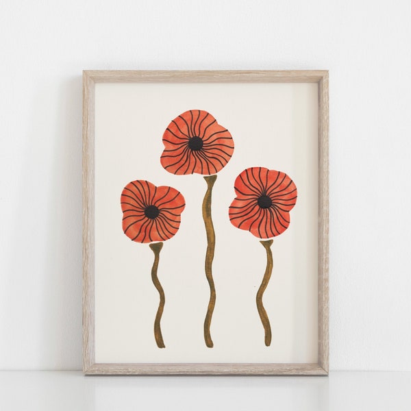 Art mural coquelicots | Art naturel | Aquarelle | Art rouge | Art orange | Art floral | Botanique | Art du pavot | 5 x 7 8 x 10 11 x 14 16 x 20