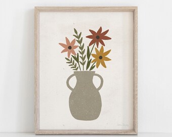 May include: A digital illustration of a gray vase with three flowers in it. The flowers are red, orange, and pink. The background is a light beige color.