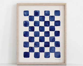 Checkerboard Pattern Wall Art Print - Cobalt Blue | Checkerboard Art | Minimalist Art | Watercolor Art | Blue Art |  5x7 | 8x10 | 11x14