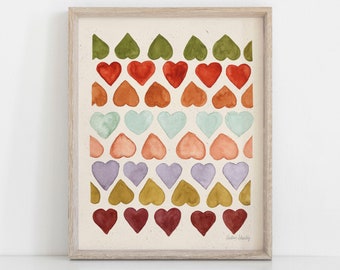 Retro Heart Pattern Wall Art Print | Heart Art | Watercolor Art | Block Print | Shape Art | Multicolor Art | Retro Art | 5x7 8x10 11x14