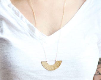 Hammered Half Moon Rainbow Necklace | Half Moon Necklace | Gold Half Moon | Sterling Half Moon | Long Geometric Necklace | Half Circle