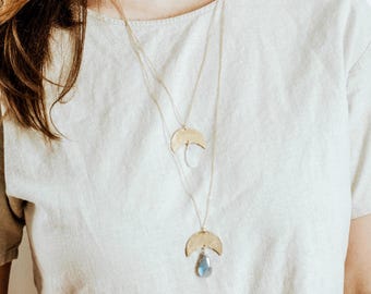 Crescent Moon Moonstone Pendant Necklace | Brass Moonstone | Long Necklace | Moon Stone Necklace | Gold Moonstone | Silver Moonstone