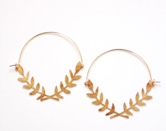 Laurel Wreath Hoop Earrings | Laurel Branch Earrings | Leaf Earrings | Statement Earrings | Statement Jewelry | Brass Gold Earrings