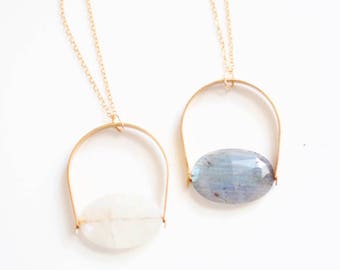 Arch Moonstone Pendant Necklace | Long Necklace | Brass Moonstone Necklace | Gold Moonstone | Silver Moonstone | Moon Stone Necklace