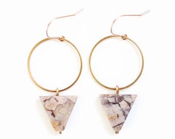 Jasper Triangle Hoop Earrings | Gold Jasper Earrings | Brass Jasper | Silver Jasper | Stone Earrings | Gold Fill | Sterling Drop Earrings