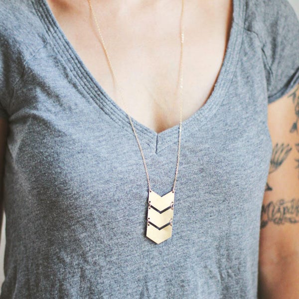 Long Triple Chevron Necklace | Triple Arrow Necklace | Gold Chevron Necklace | Silver Chevron | Chevron Pendant | Geometric Necklace