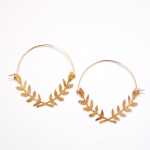 Laurel Wreath Hoop Earrings | Laurel Branch Earrings | Leaf Earrings | Statement Earrings | Statement Jewelry | Brass Gold Earrings