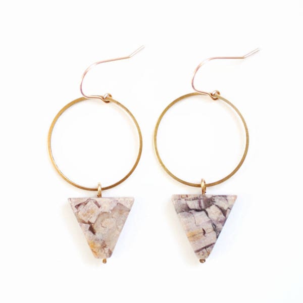 Jasper Triangle Hoop Earrings | Gold Jasper Earrings | Brass Jasper | Silver Jasper | Stone Earrings | Gold Fill | Sterling Drop Earrings