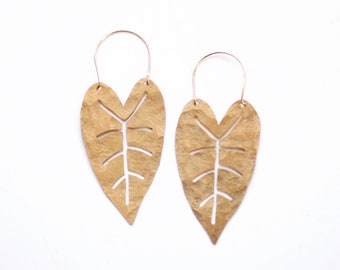 Heart Leaf Hoop Earrings | Tropical Earrings | Leaf Earrings | Statement Earrings | Statement Jewelry | Brass Gold Earrings | Brass Earrings