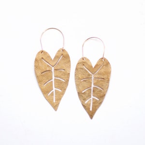 Heart Leaf Hoop Earrings | Tropical Earrings | Leaf Earrings | Statement Earrings | Statement Jewelry | Brass Gold Earrings | Brass Earrings