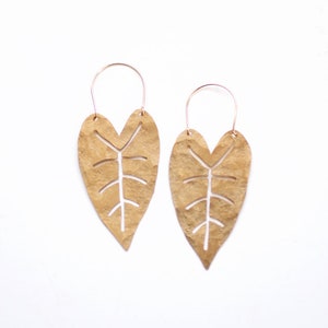 Heart Leaf Hoop Earrings Tropical Earrings Leaf Earrings Statement Earrings Statement Jewelry Brass Gold Earrings Brass Earrings image 1