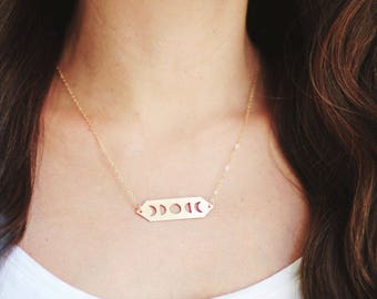 Moon Phases Necklace | Brass | Nickel Silver | 14k Gold Fill or Sterling Silver Chain | Celestial Jewelry
