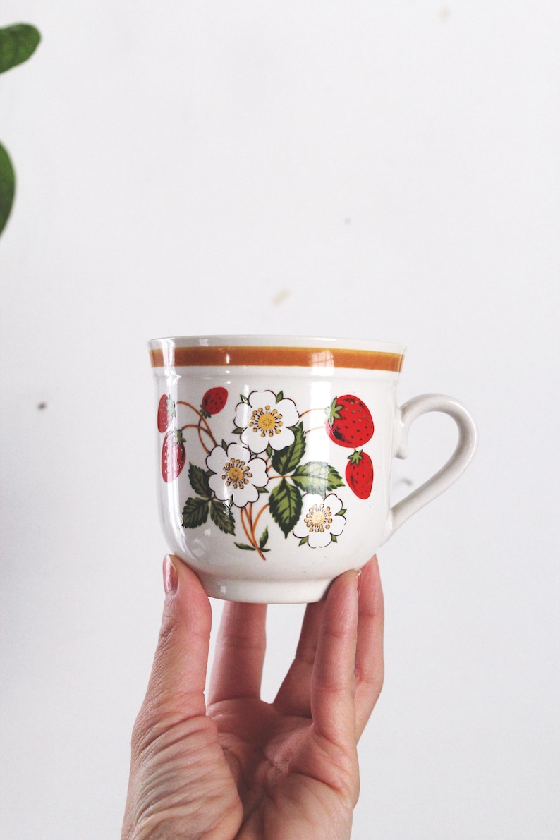 May include: A white ceramic mug with a brown rim and handle, decorated with a strawberry and flower pattern. The mug is held in a hand against a white background. The strawberries are red, and the flowers are white with yellow centers.
