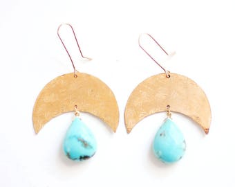 Turquoise Teardrop Crescent Moon Earrings | Brass | 14k Gold Fill | Turquoise Jewelry | Turquoise Earrings | Crescent Earrings | Sterling