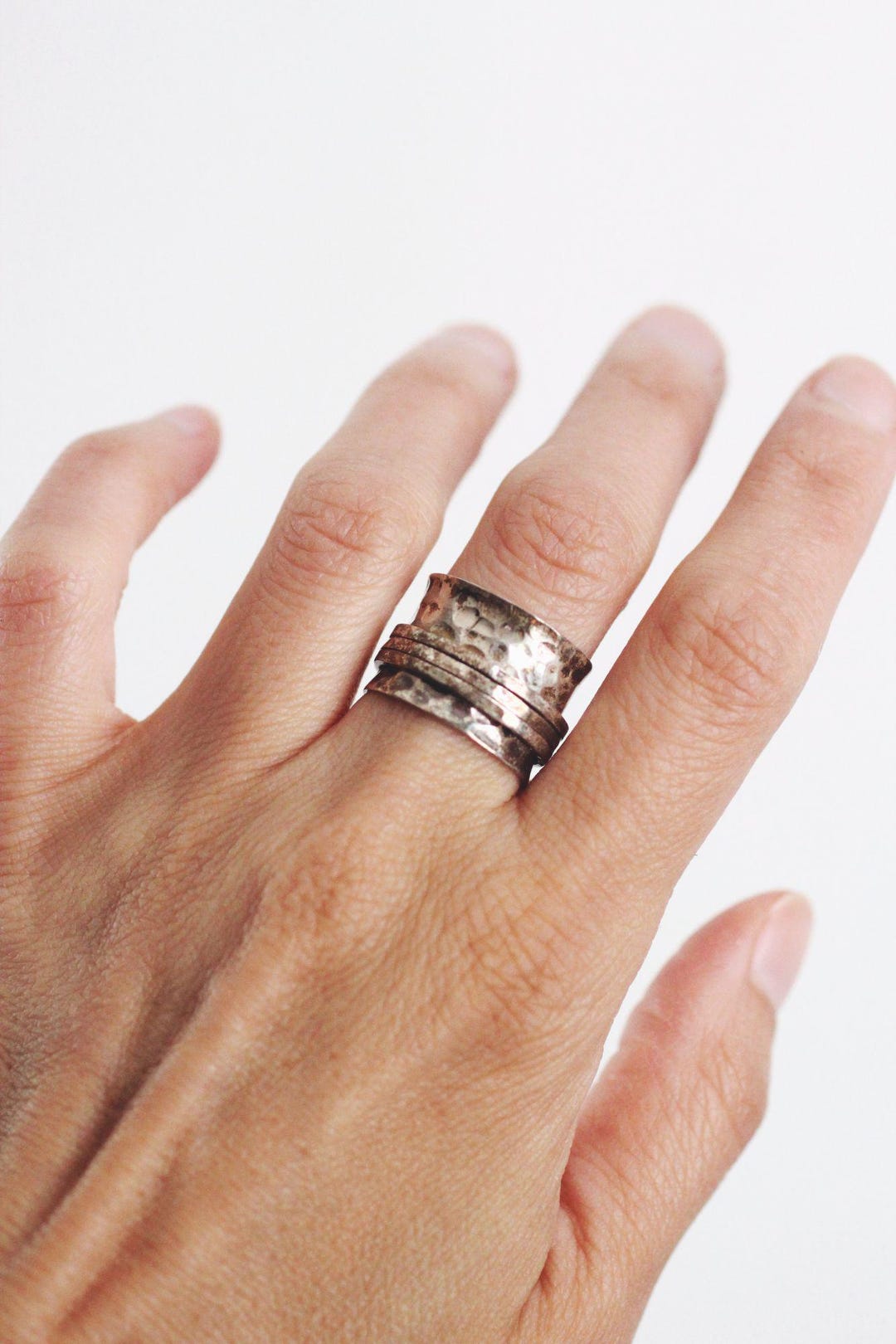 Hammered Sterling Silver Spinner Ring Vintage Boho Wide Band Meditation ...