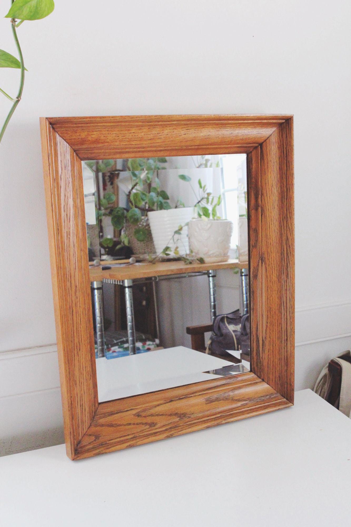 【Wooden Frame Mirror】木枠 ミラー 鏡 Vintage Beveled Wood Framed Wall Mirror Solid Oak Rectangle Mid