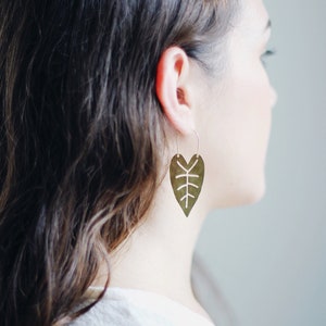 Heart Leaf Hoop Earrings Tropical Earrings Leaf Earrings Statement Earrings Statement Jewelry Brass Gold Earrings Brass Earrings image 4