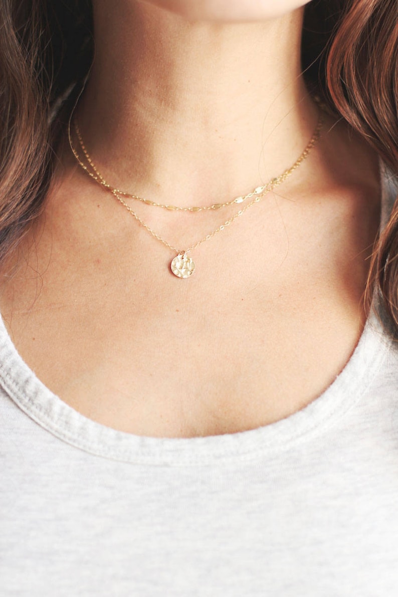 Tiny Hammered Disc Necklace 14k Gold Fill Necklace Sterling Silver Necklace Layer Necklace image 1