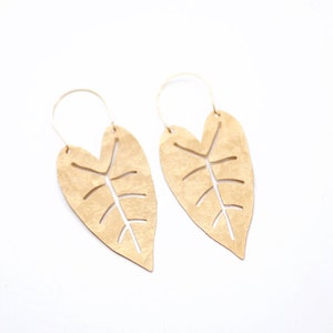 Heart Leaf Hoop Earrings Tropical Earrings Leaf Earrings Statement Earrings Statement Jewelry Brass Gold Earrings Brass Earrings image 3