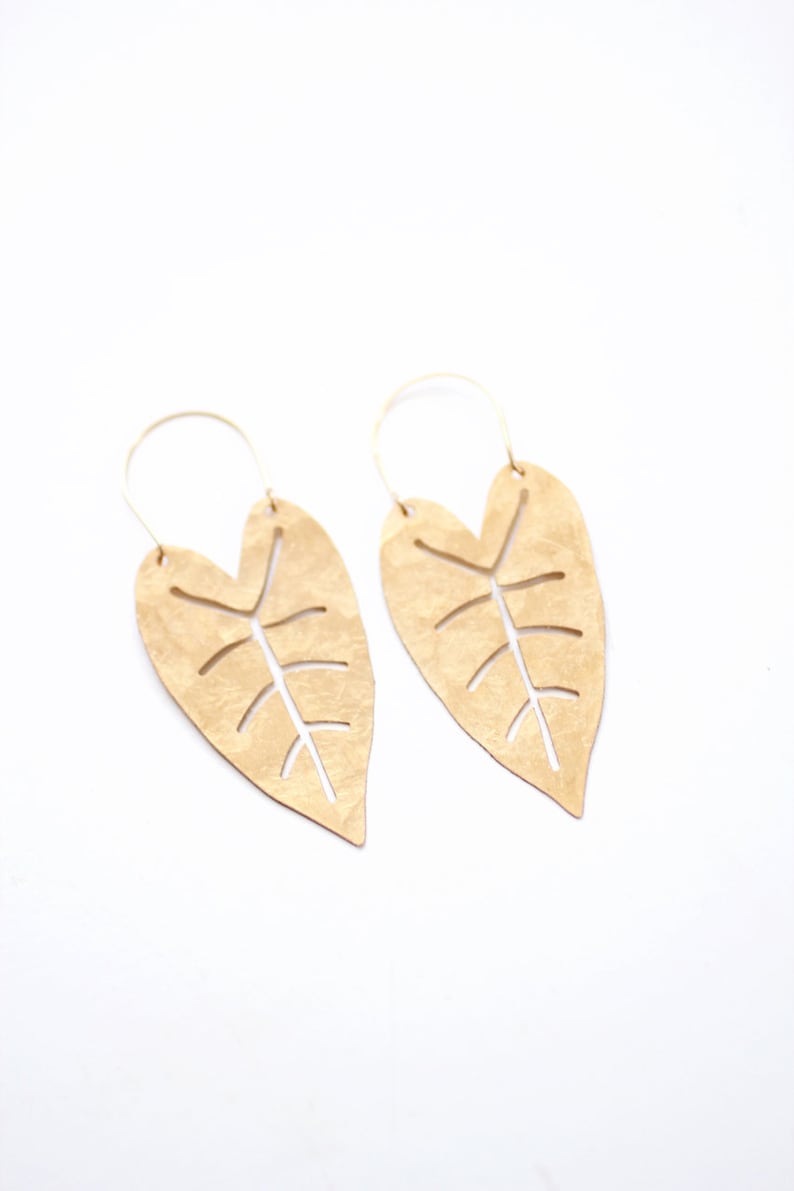 Heart Leaf Hoop Earrings Tropical Earrings Leaf Earrings Statement Earrings Statement Jewelry Brass Gold Earrings Brass Earrings image 3