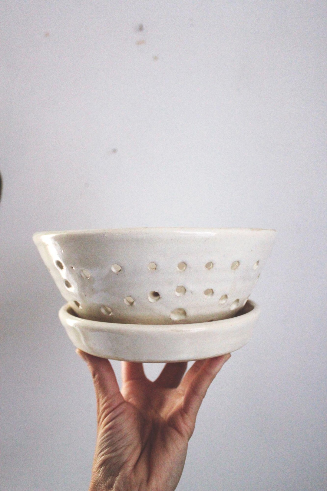 Studio Pottery Stoneware Ceramic Berry Bowl Saucer Set Colander Tray Handmade