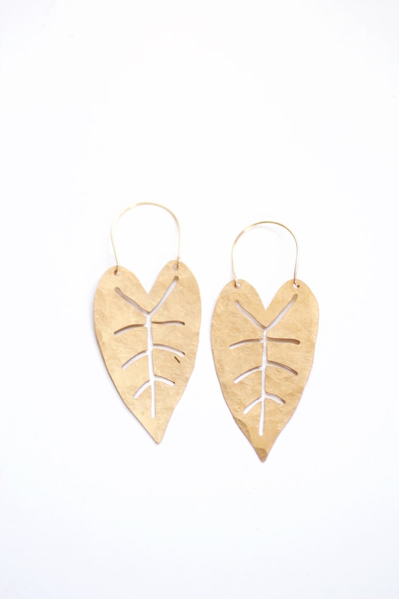 Heart Leaf Hoop Earrings Tropical Earrings Leaf Earrings Statement Earrings Statement Jewelry Brass Gold Earrings Brass Earrings image 2