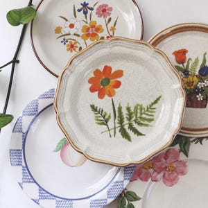 Op de afbeelding: Een verzameling vintage keramische borden met bloemen- en fruitontwerpen. De borden hebben een verscheidenheid aan kleuren, waaronder oranje, roze, blauw en groen. Sommige borden hebben geschulpte randen en bruine randen. De borden zijn gerangschikt op een wit oppervlak.
