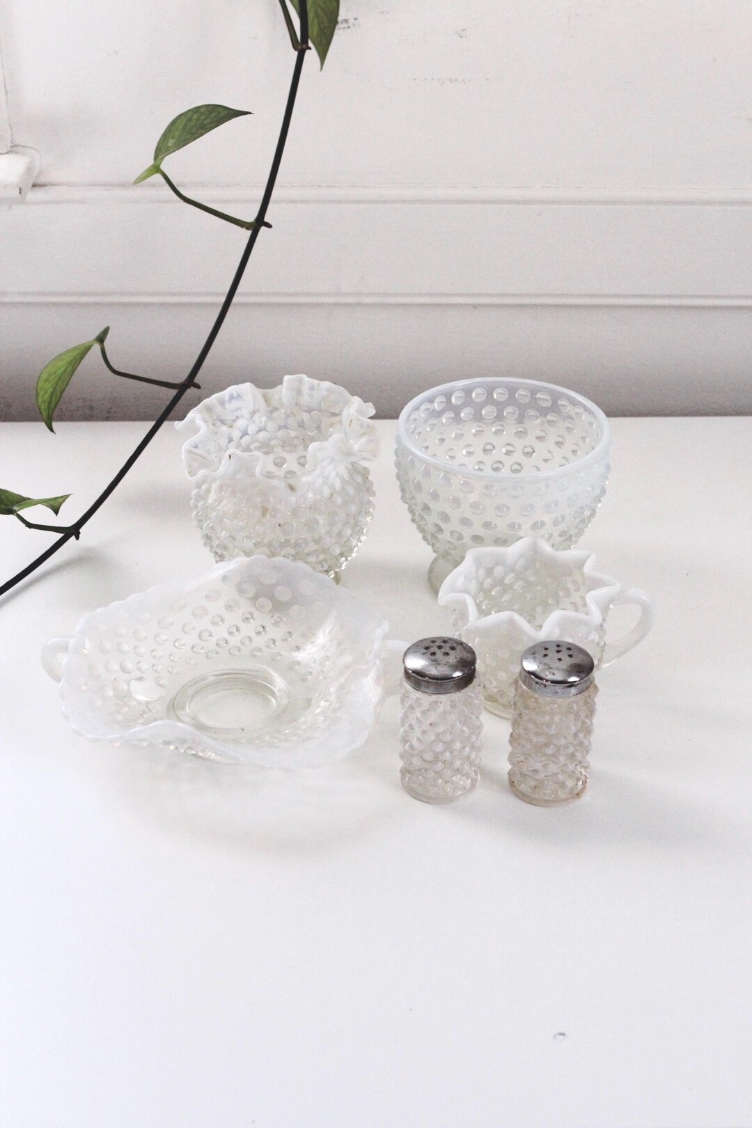 Vintage Fenton White Moonstone Opalescent Hobnail Glass Set - Etsy