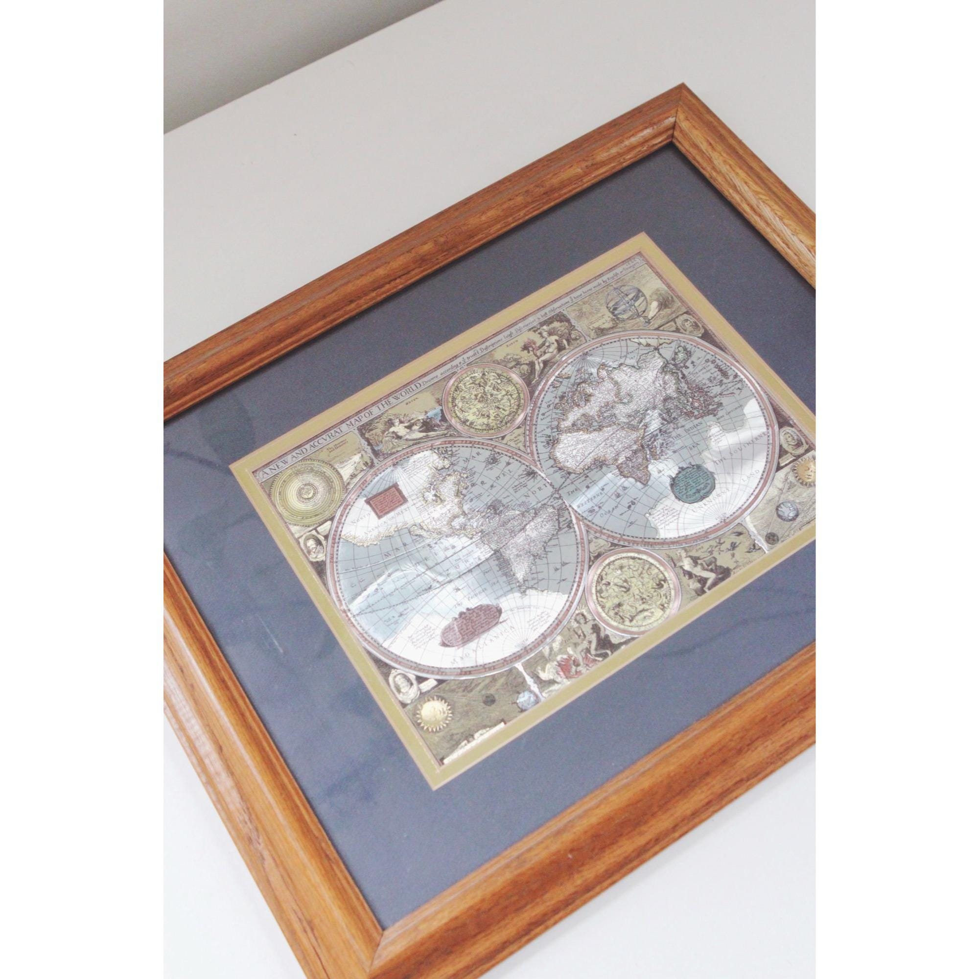 Vintage Framed 17th-century World Map Reproduction - Wood Frame