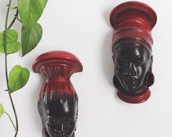 Vintage Ceramic African Tribal Woman Head Wall Hanging - Sculpture Art