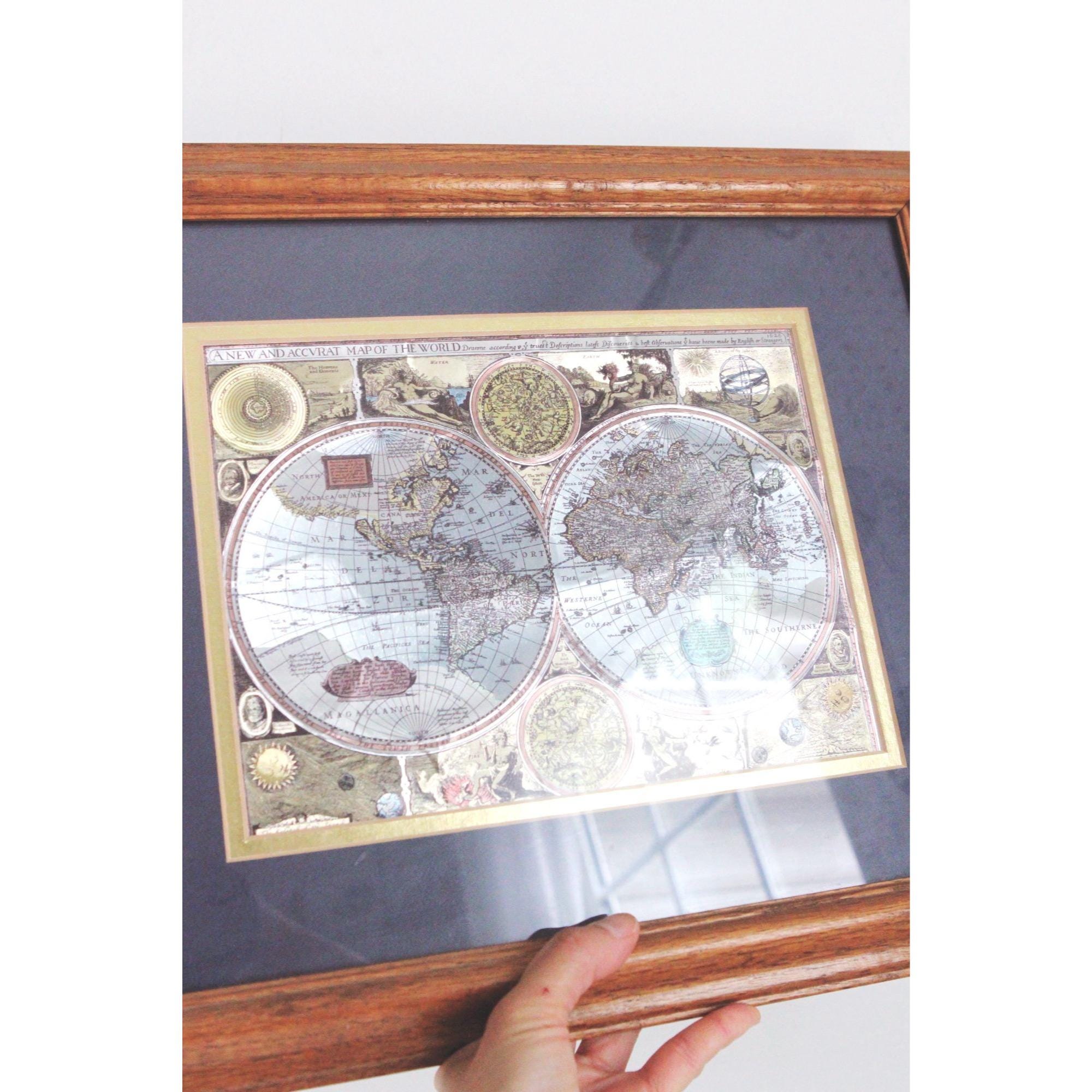Vintage Framed 17th-century World Map Reproduction - Wood Frame
