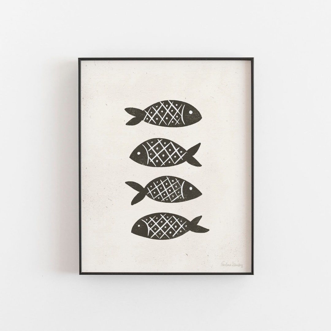 Four Fishes Black Cream Art Print Nature Art Ginkgo Art Etsy