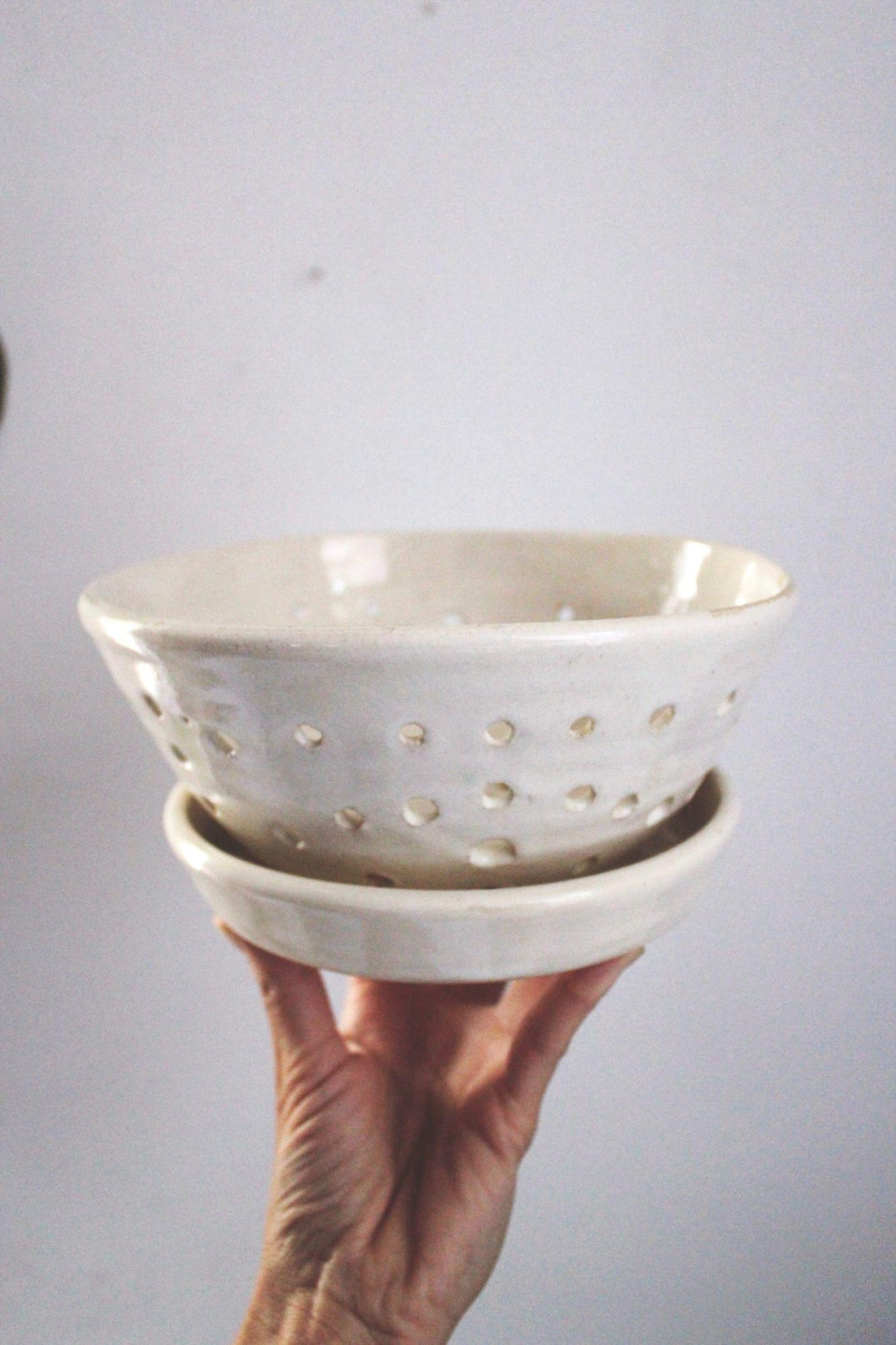 Studio Pottery Stoneware Ceramic Berry Bowl Saucer Set Colander Tray Handmade