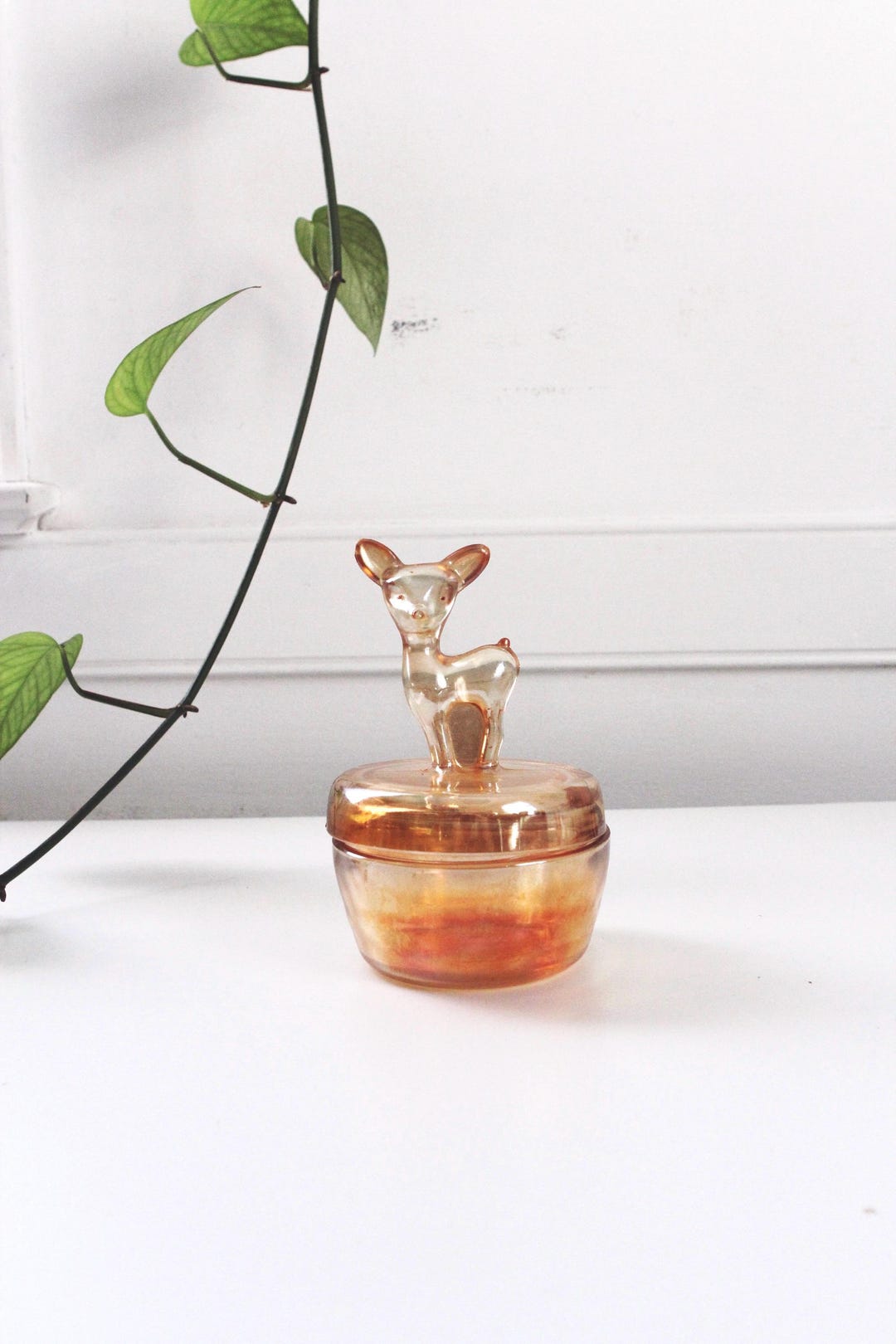 Vintage Jeanette Glass Marigold Carnival Glass Deer Dawn Powder