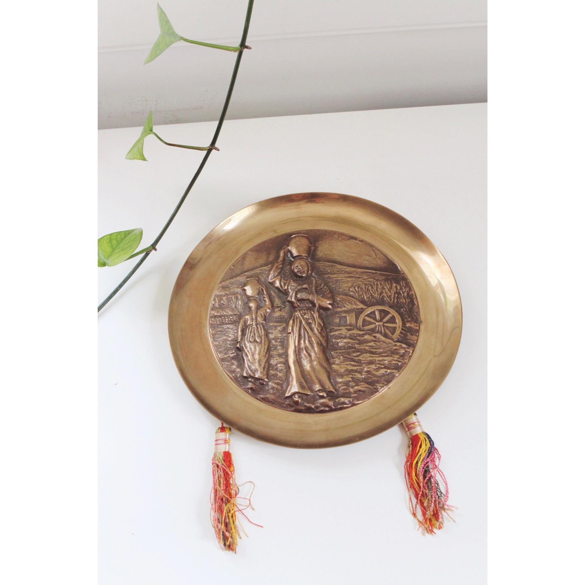 Vintage Korean Brass Wall Hanging Plate - Relief Women Rural