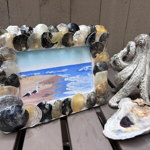 Shell Embellished Picture Frame, Coastal Acrylic Beach Painting