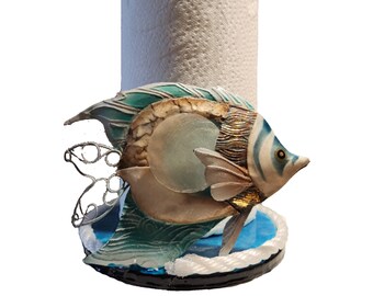 Metal Coastal Multi-coloured Fish paper towel holder, Blue swirl resin base, paper holder, kitchen towel, holder