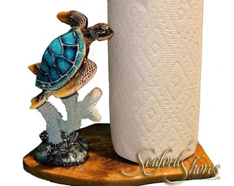 Sea Turtle on Faux Coral on Olive wood base Paper towel holder