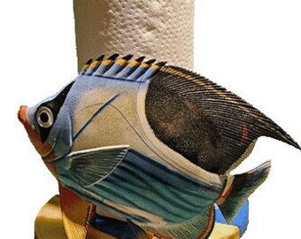 Fish paper towel holder with wood and resin base