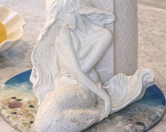 Handmade Mermaid Paper Towel Holder, Coastal Resin Base with Seashells, Beach House Kitchen Decor