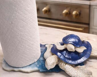 Handmade Coastal Sea Turtle Paper Towel Holder • Ocean Kitchen Decor