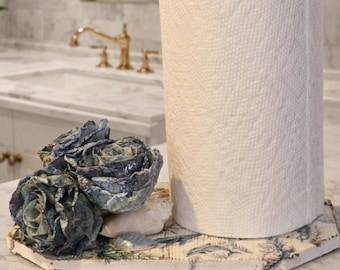 Shabby Chic Coastal Decoupaged Blue Rose Paper Towel Holder
