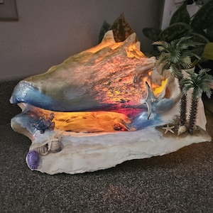 Handmade Hand-Painted Conch Shell Beach Scene with Turtle & LED Lights