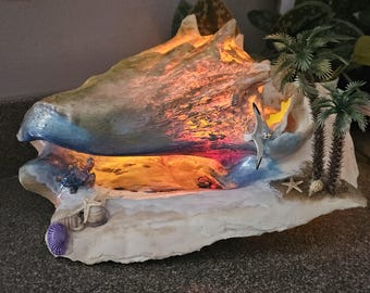 Handmade Hand-Painted Conch Shell Beach Scene with Turtle & LED Lights